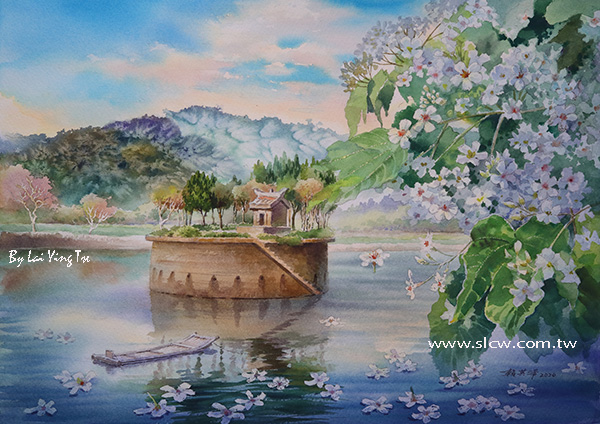 A Temple of the Earth God On A Lake With Tung Blossoms_painted by Lai Ying-Tse